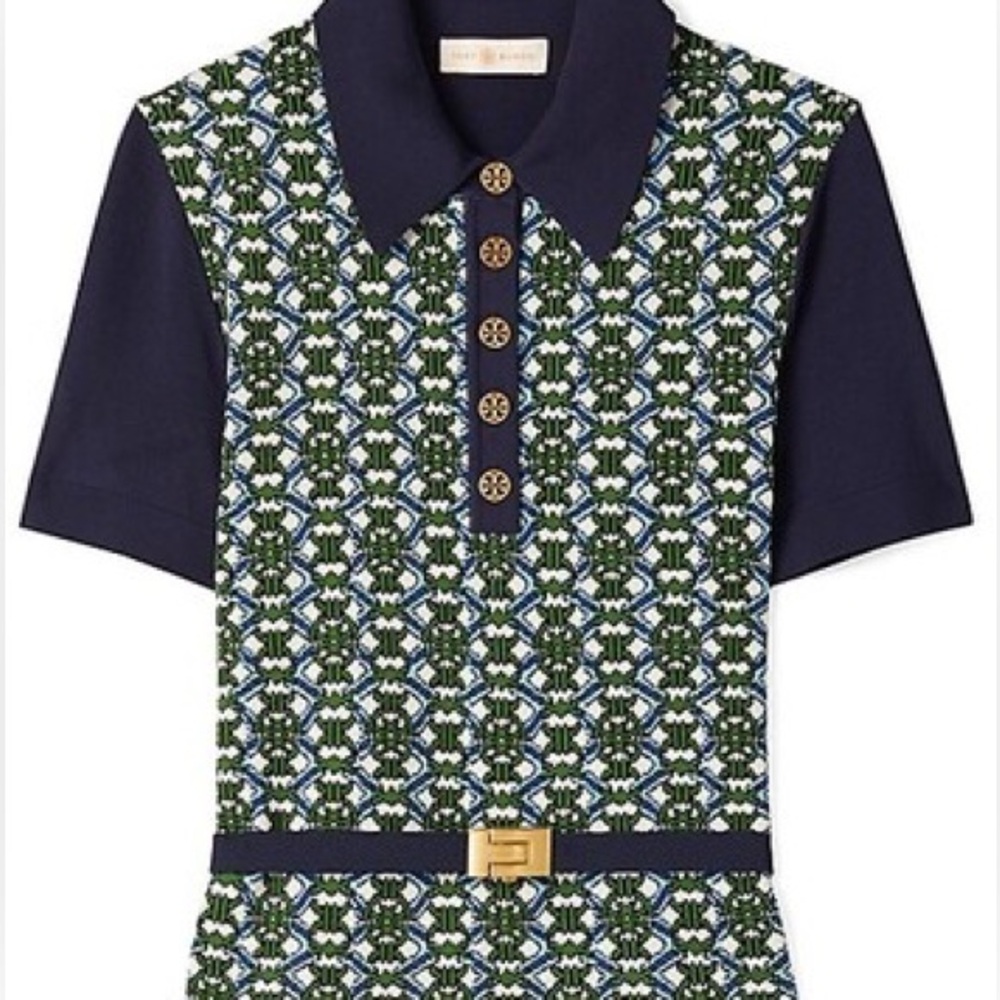 NWT Tory Burch Navy and Green Short Sleeve Dress - Picture 2 of 5